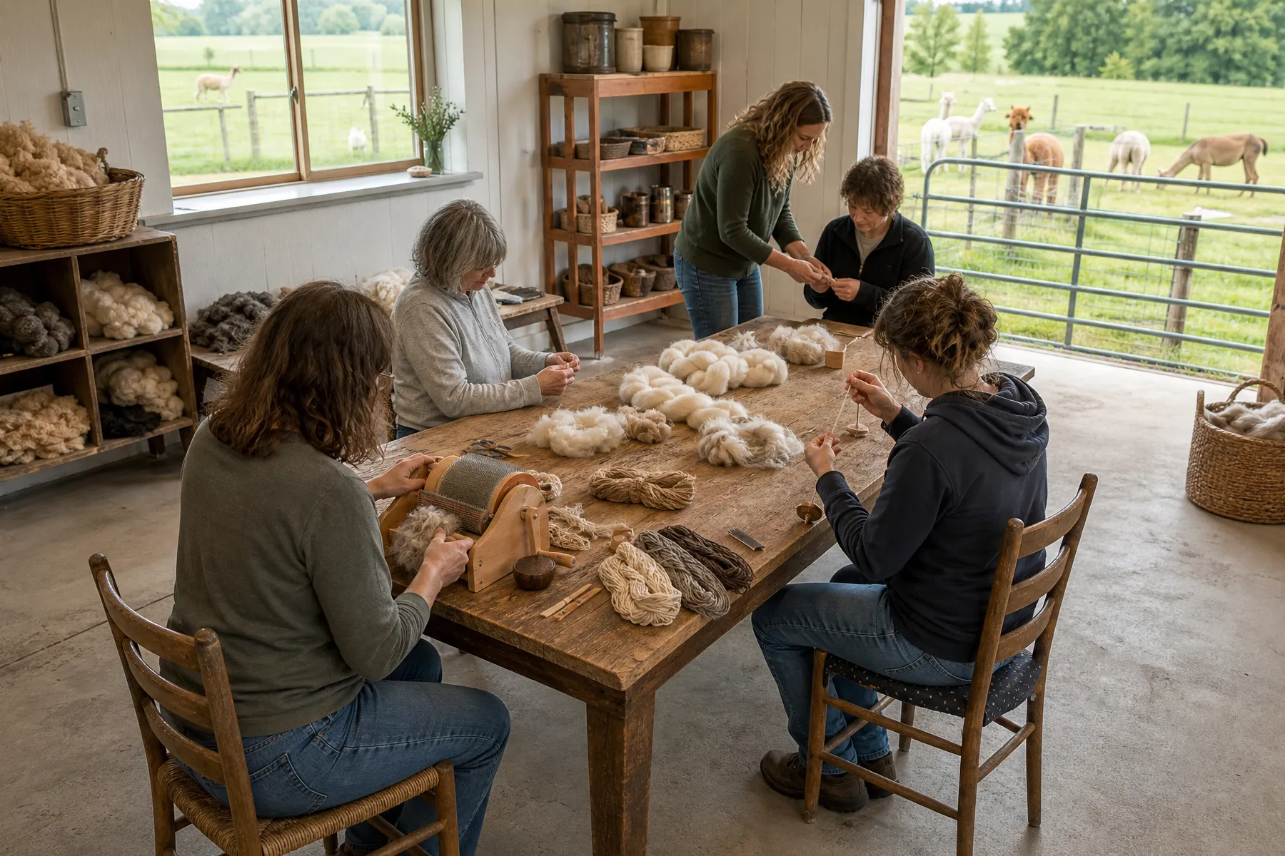 Visitors learning about alpaca fleece during a fiber workshop