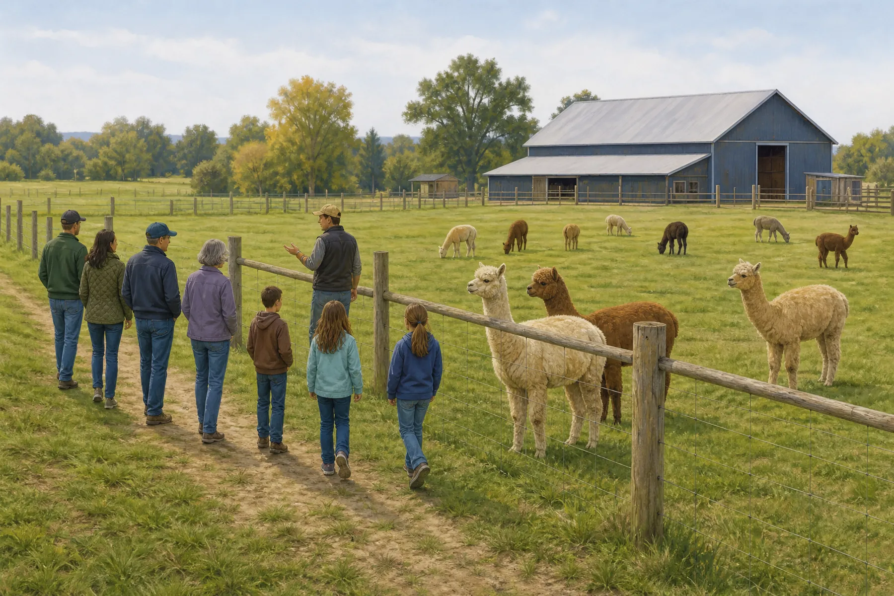 A guide introducing visitors to alpacas during a farm tour