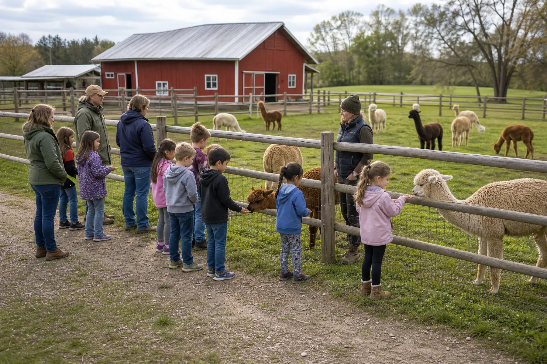 A school group learning about alpacas during an organized farm visit