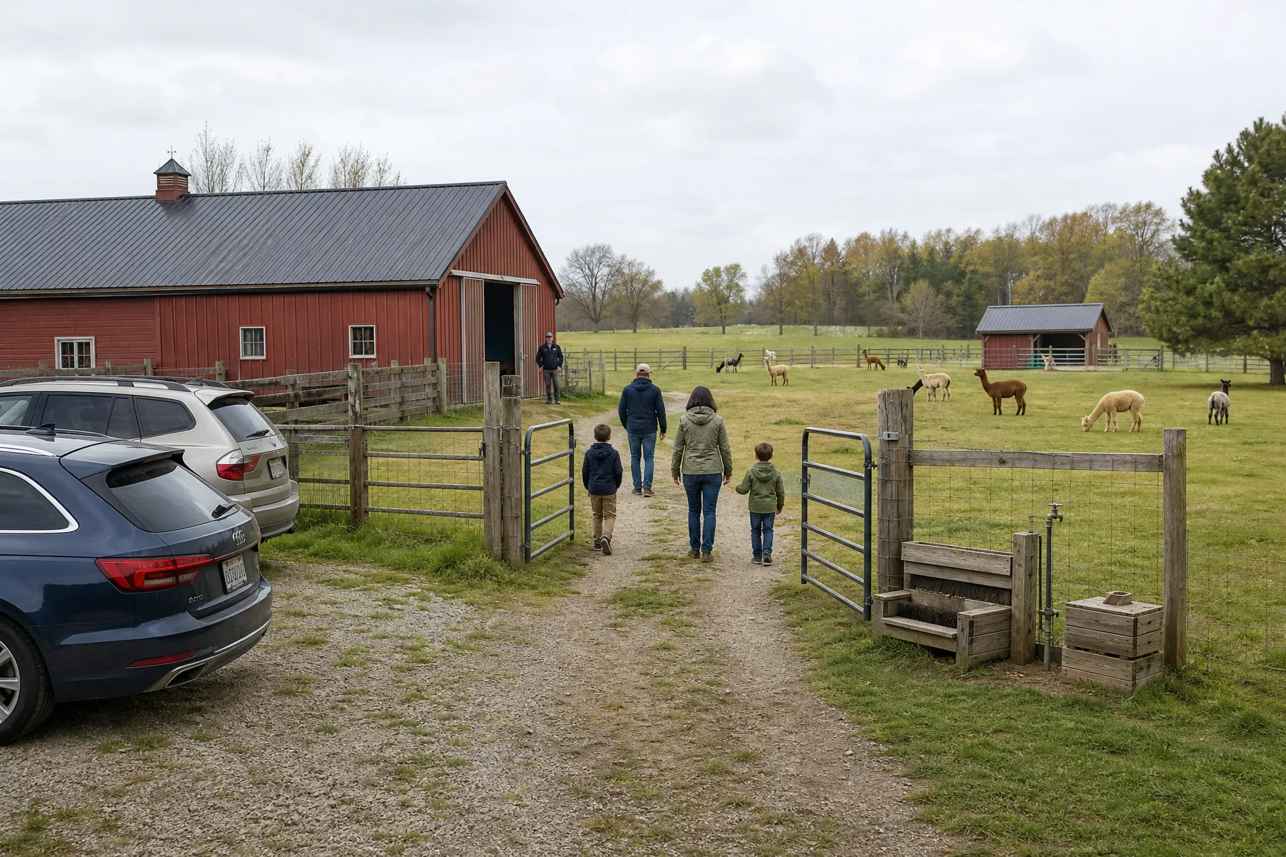 Visitors arriving at an alpaca farm and checking in for a scheduled visit
