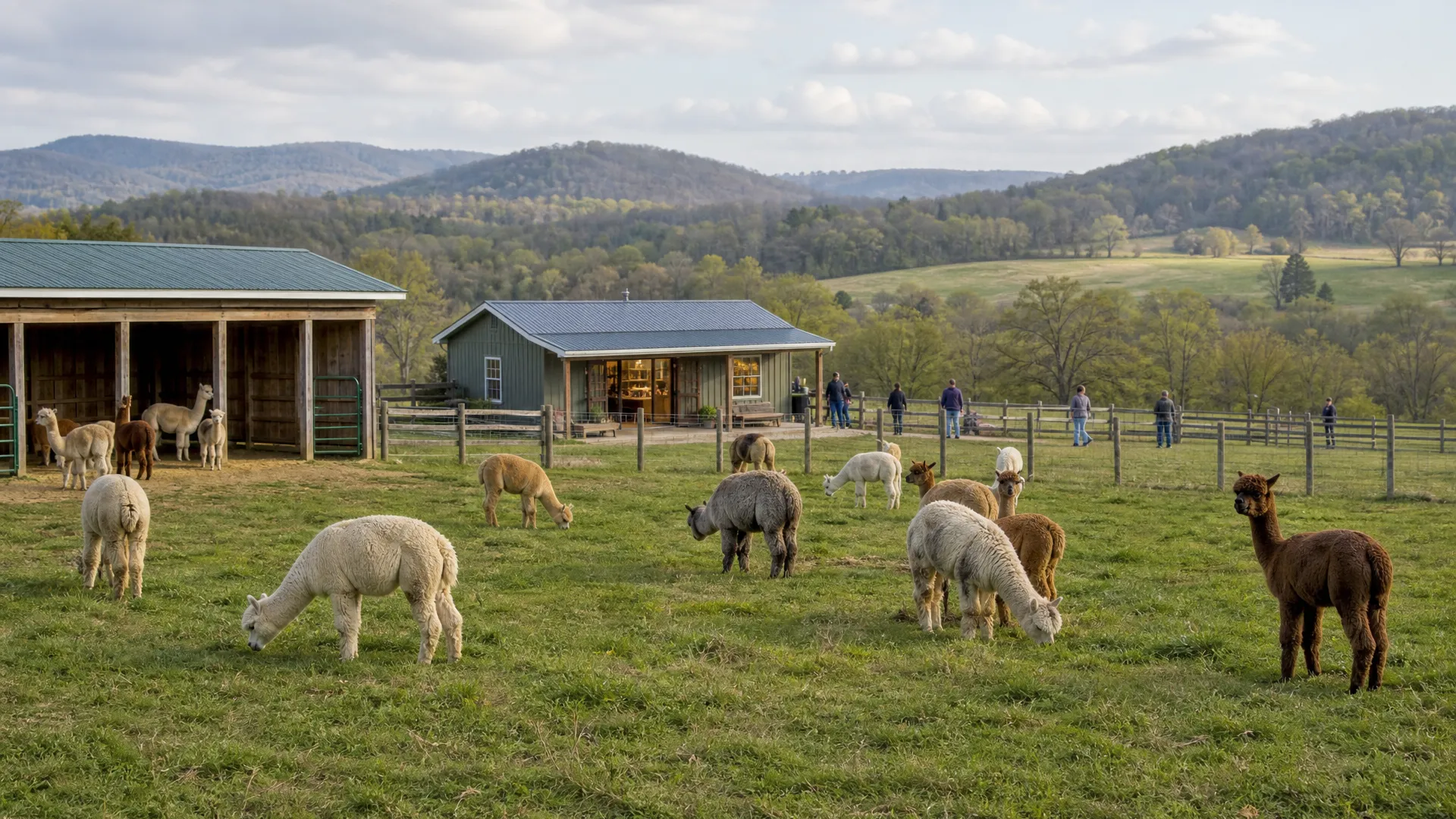 Alpacas shown in varied American farm climates and landscapes