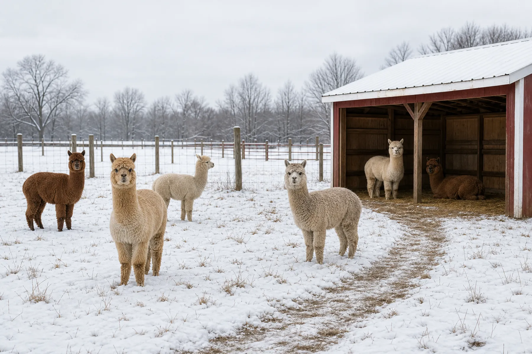 Alpacas on a managed farm during cold and snowy weather