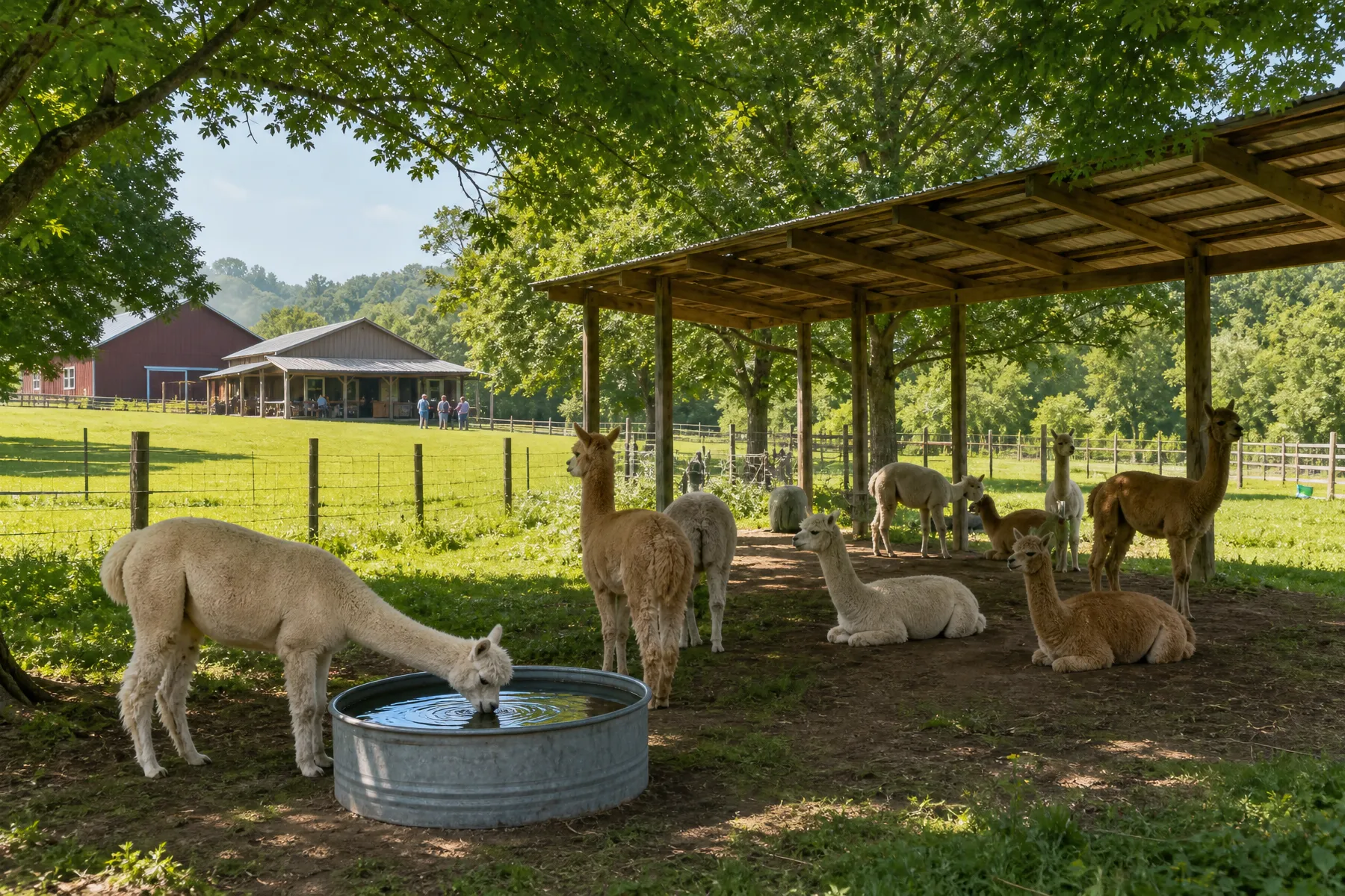 Alpacas using shade on a farm during warm summer weather