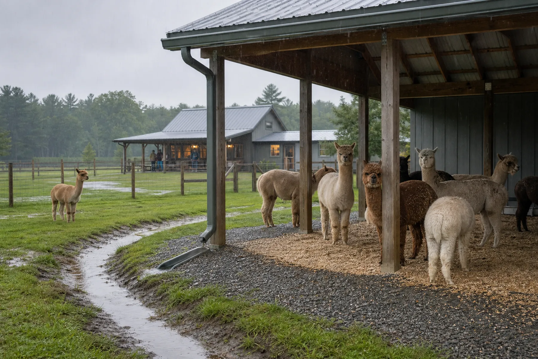 Alpacas on a green farm designed for wet and rainy conditions