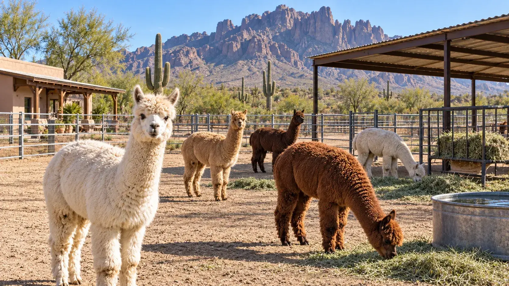 Illustrative alpaca-farm scene in Arizona