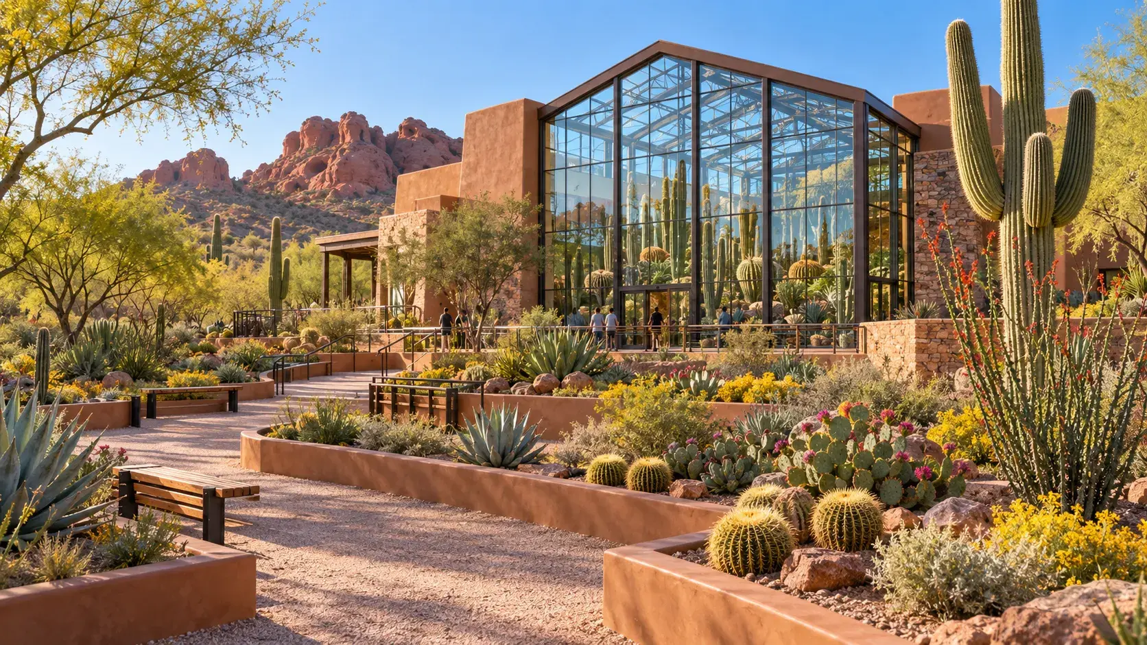 Illustrative Arizona desert garden with cacti, planted paths, and a glass enclosure
