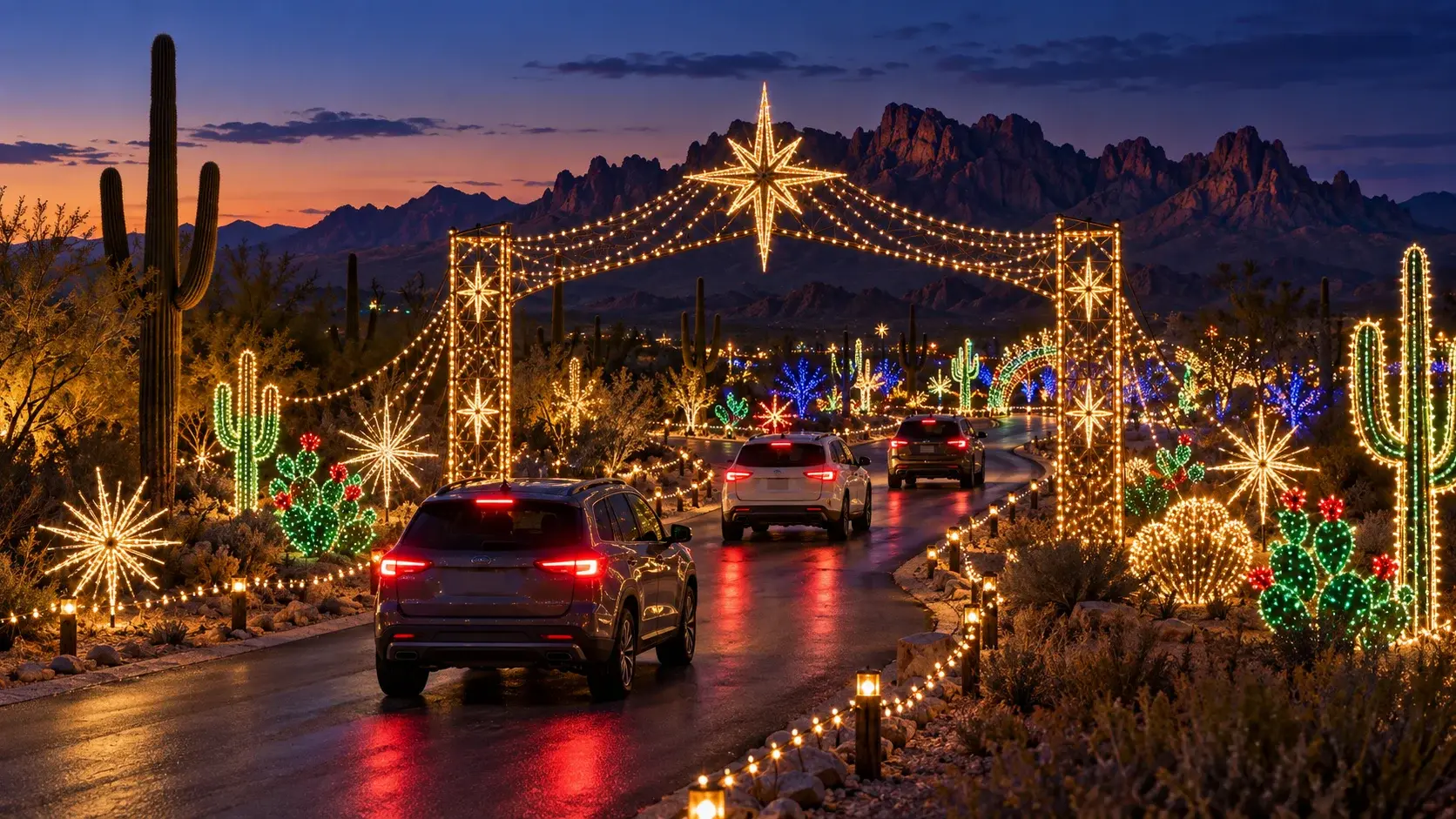 Illustrative Arizona Christmas light display after dark