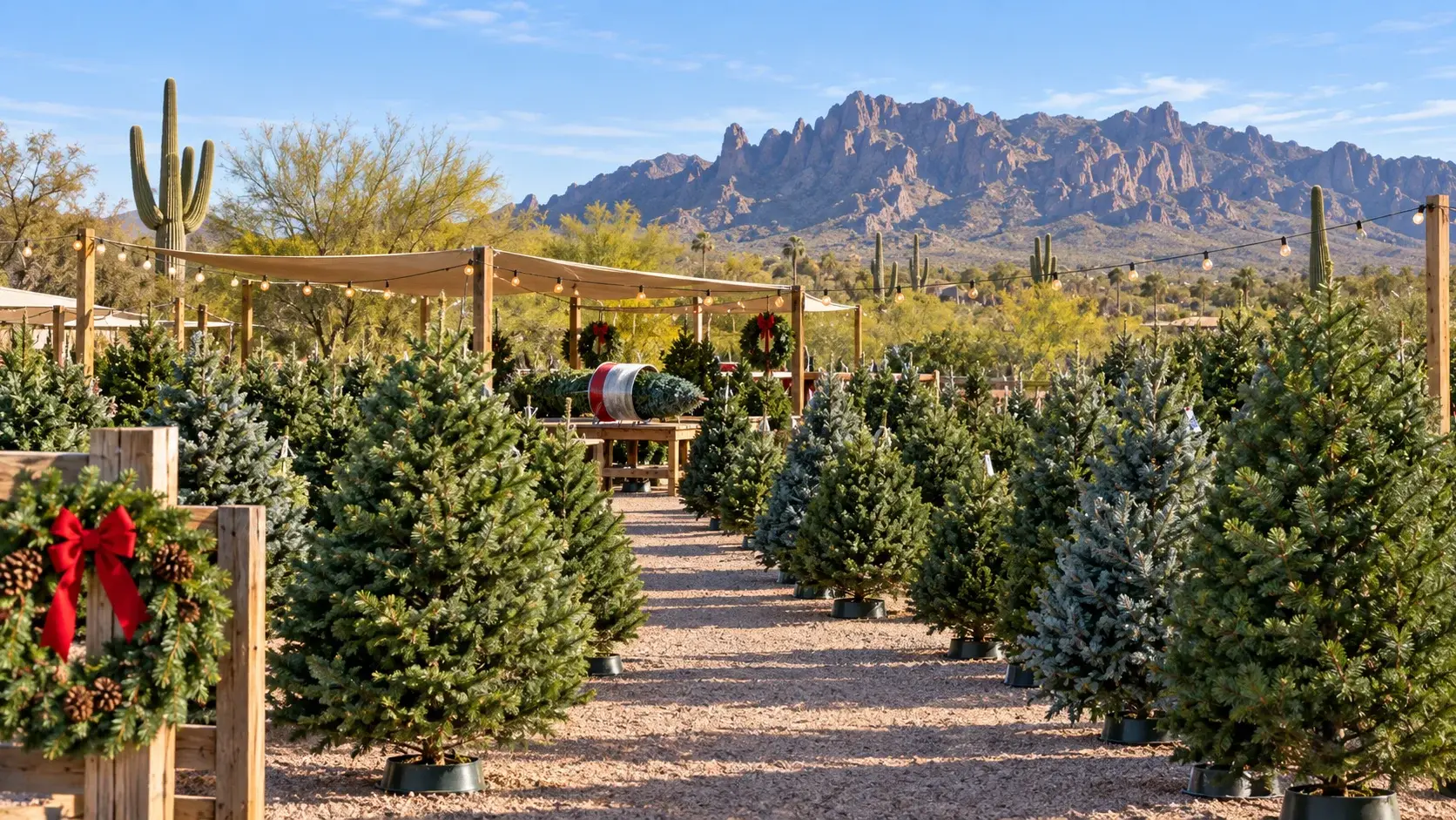 Illustrative Christmas tree shopping scene in Arizona