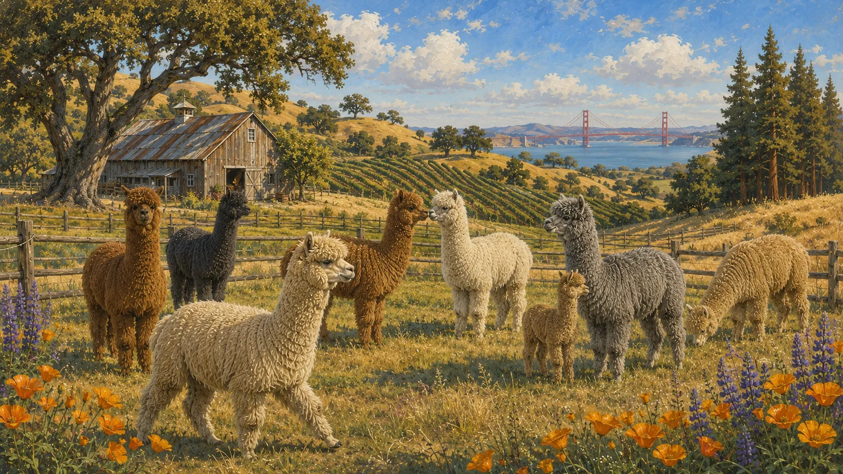 Illustration of alpacas in a California farm landscape