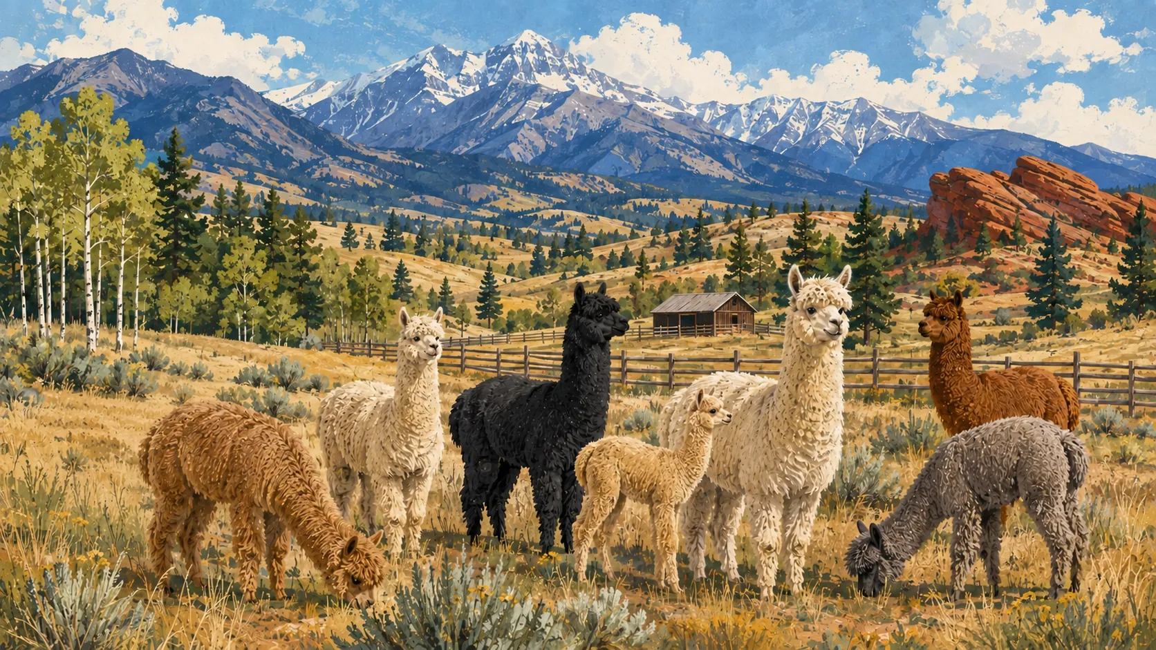 Alpacas in a Colorado farm landscape