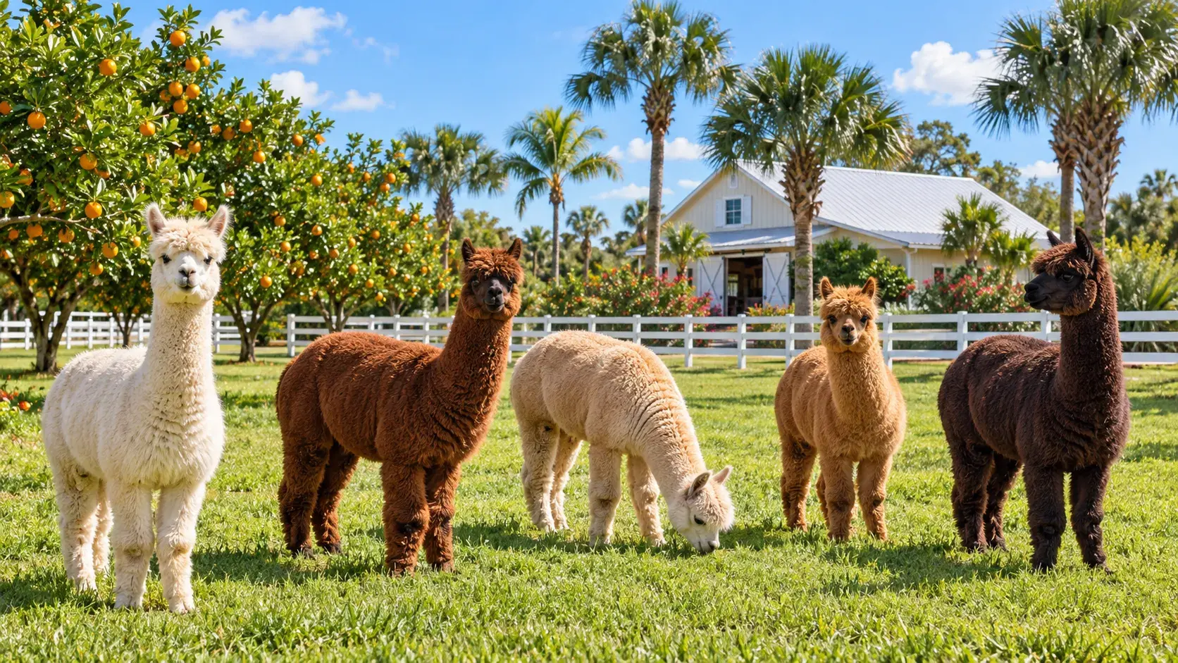Alpacas in a sunny Florida pasture with palms and citrus trees