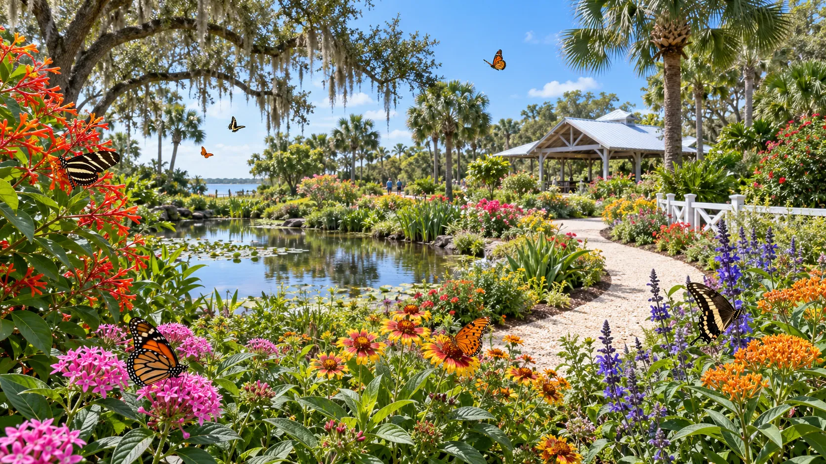 A colorful Florida butterfly garden with flowering plants, palms, live oaks, and butterflies
