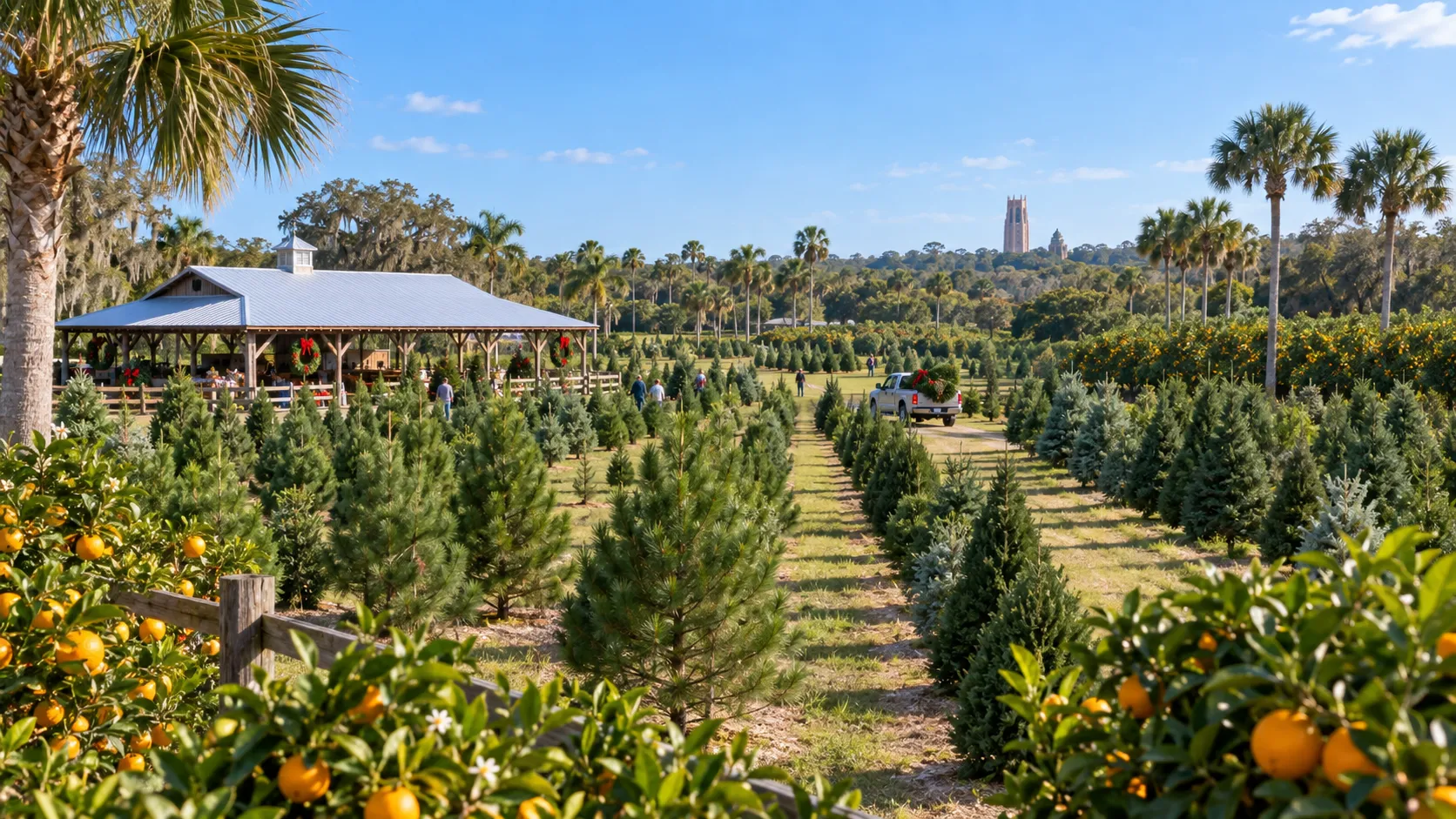 A Florida Christmas tree farm with rows of evergreens, palms, citrus trees, and a decorated farm pavilion