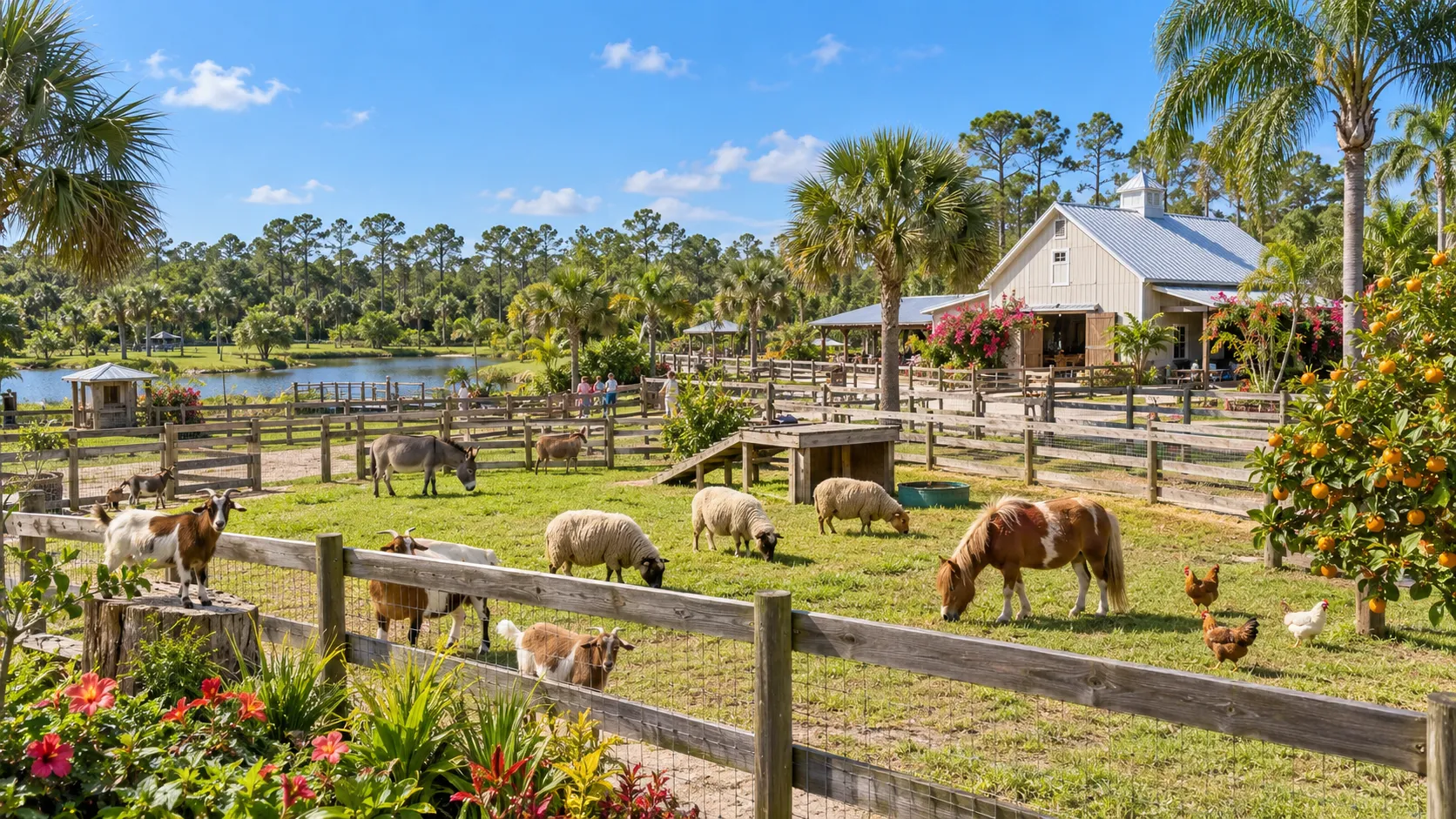 A Florida animal farm with goats, sheep, a donkey, miniature horse, chickens, palms, and citrus trees