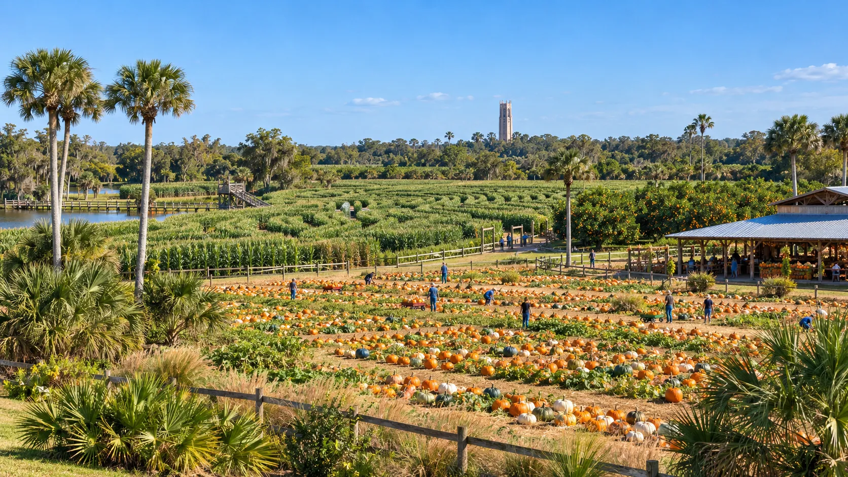 A Florida pumpkin field with palms, a corn maze, and a covered farm market