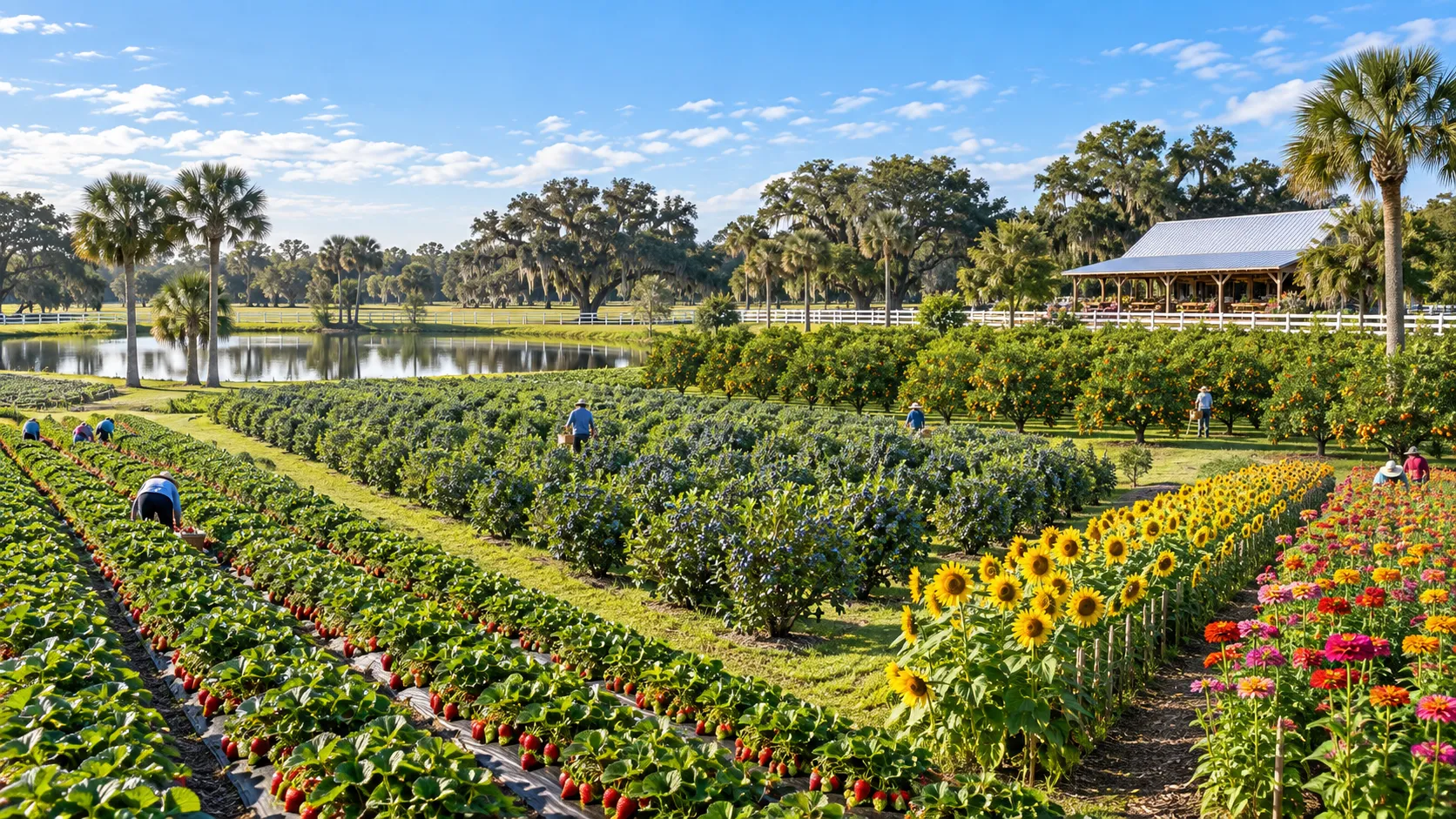Florida U-pick fields with strawberries, blueberries, citrus trees, sunflowers, and zinnias