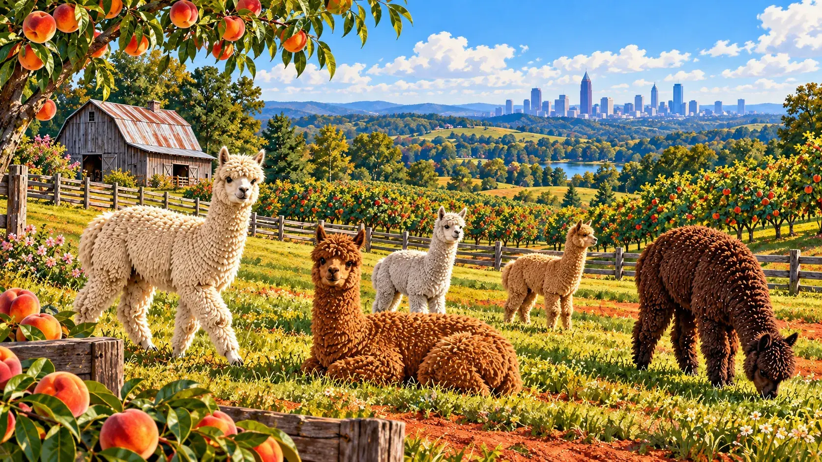 Alpacas on a Georgia farm with peach trees and the Atlanta skyline in the distance