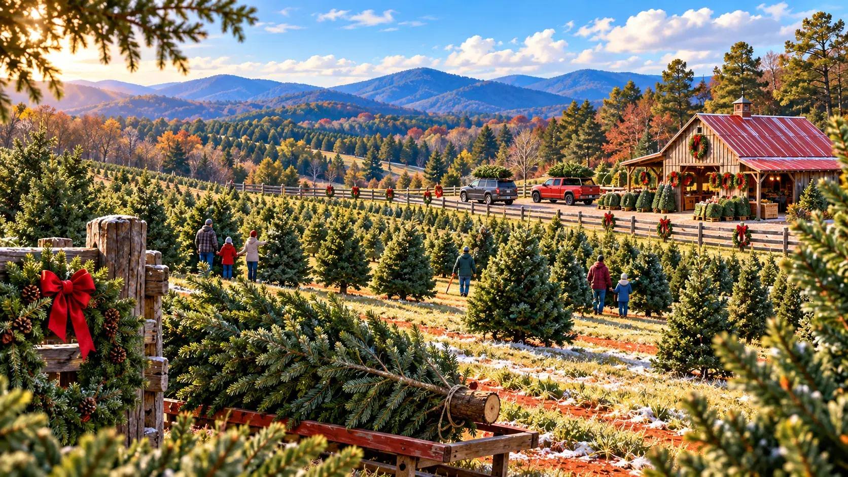 Families choosing Christmas trees on a Georgia mountain farm