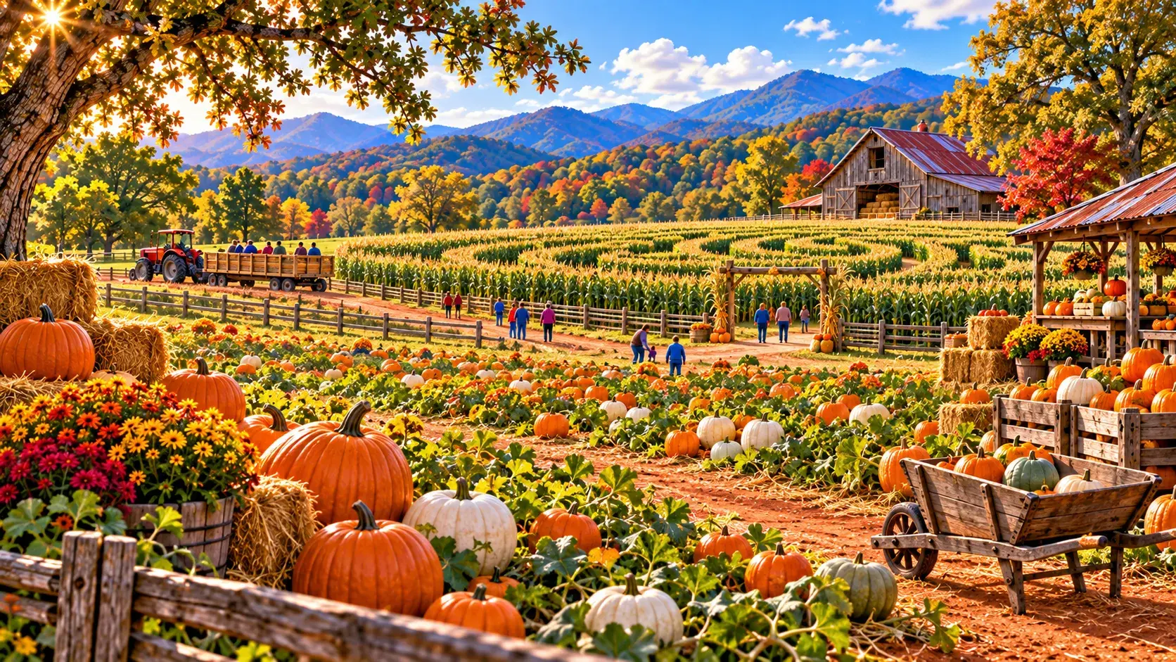 Pumpkins, a corn maze, and a hayride at a Georgia farm in autumn