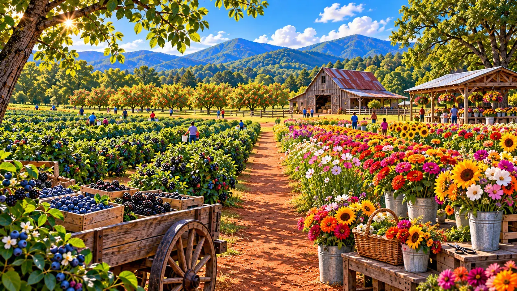 Berry rows and colorful cut flowers at a Georgia U-pick farm