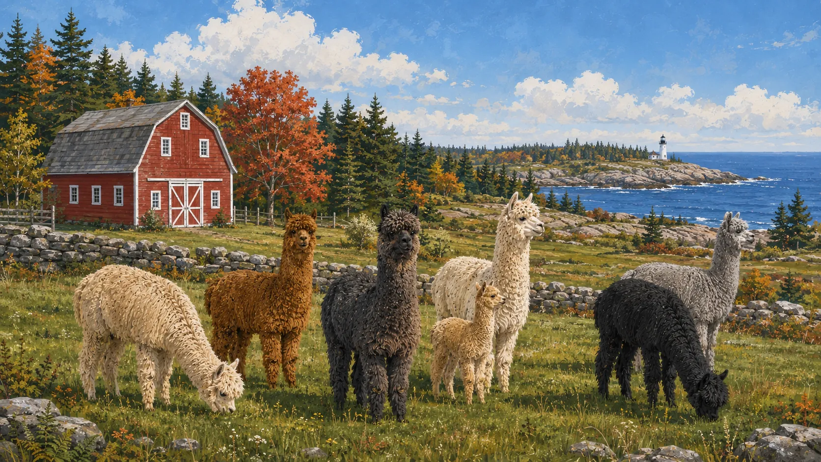 Illustrated alpacas in a Maine landscape