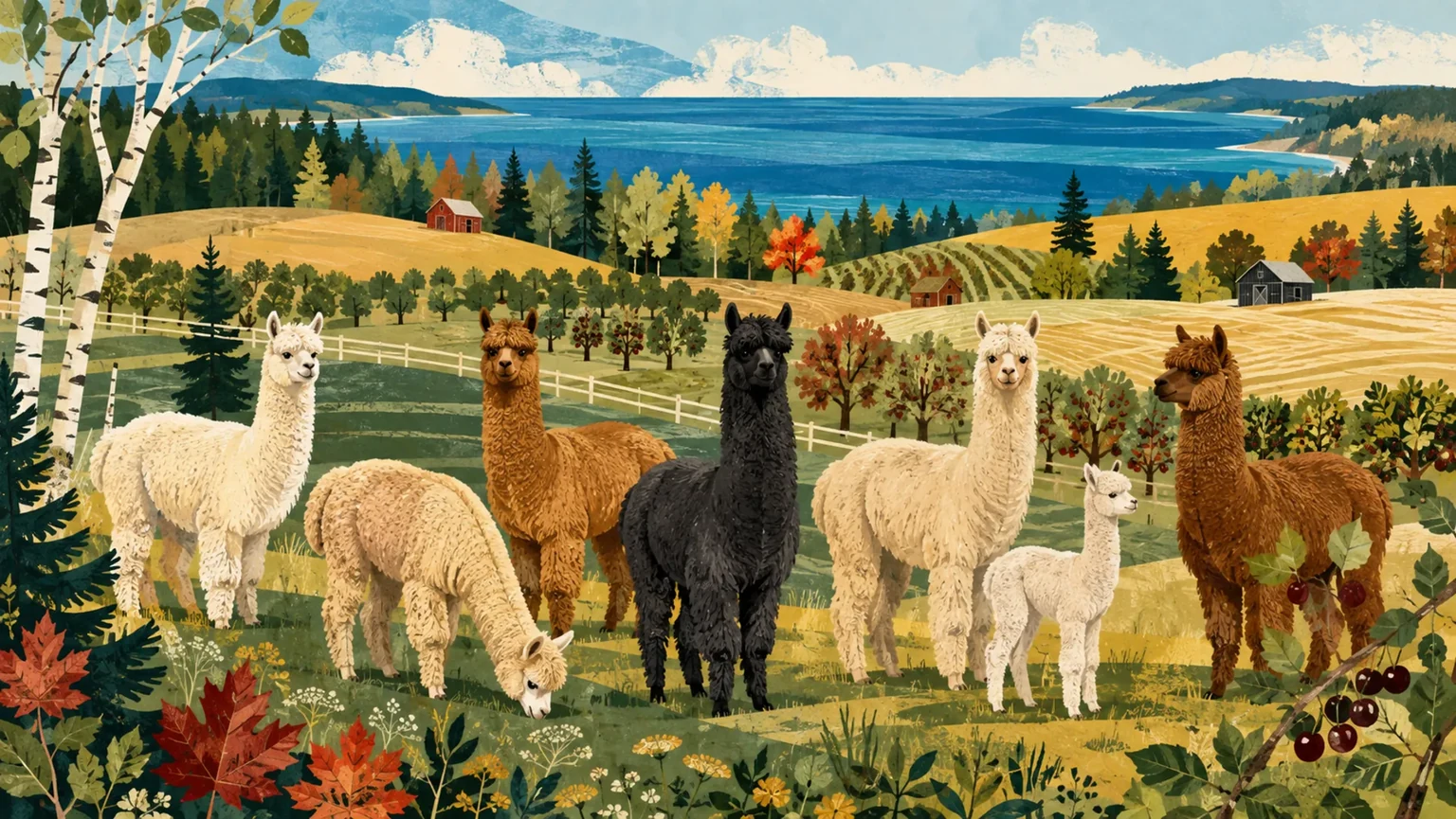 Alpacas on a Michigan farm overlooking fields, orchards, and the Great Lakes