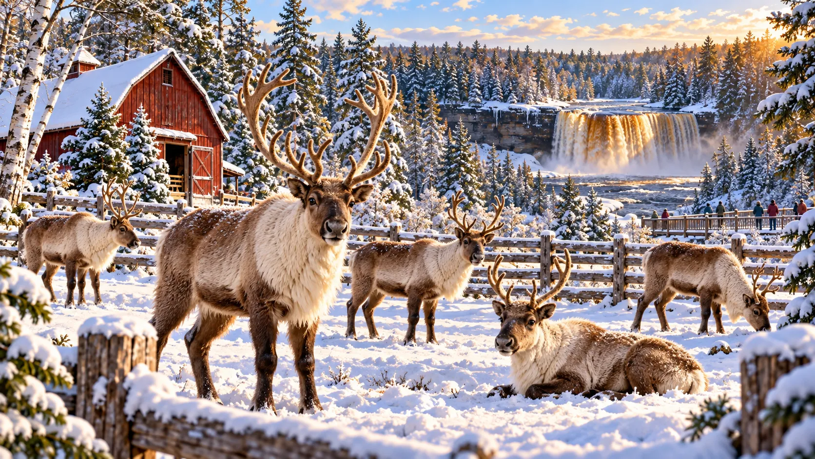 Reindeer standing in a snowy Michigan farm setting