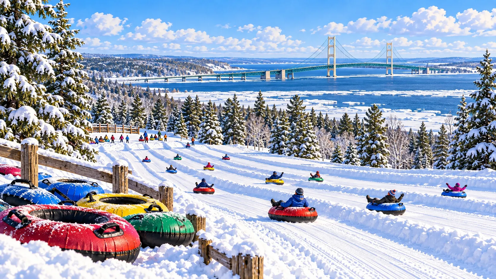 Snow tubers descending groomed lanes above the Straits of Mackinac