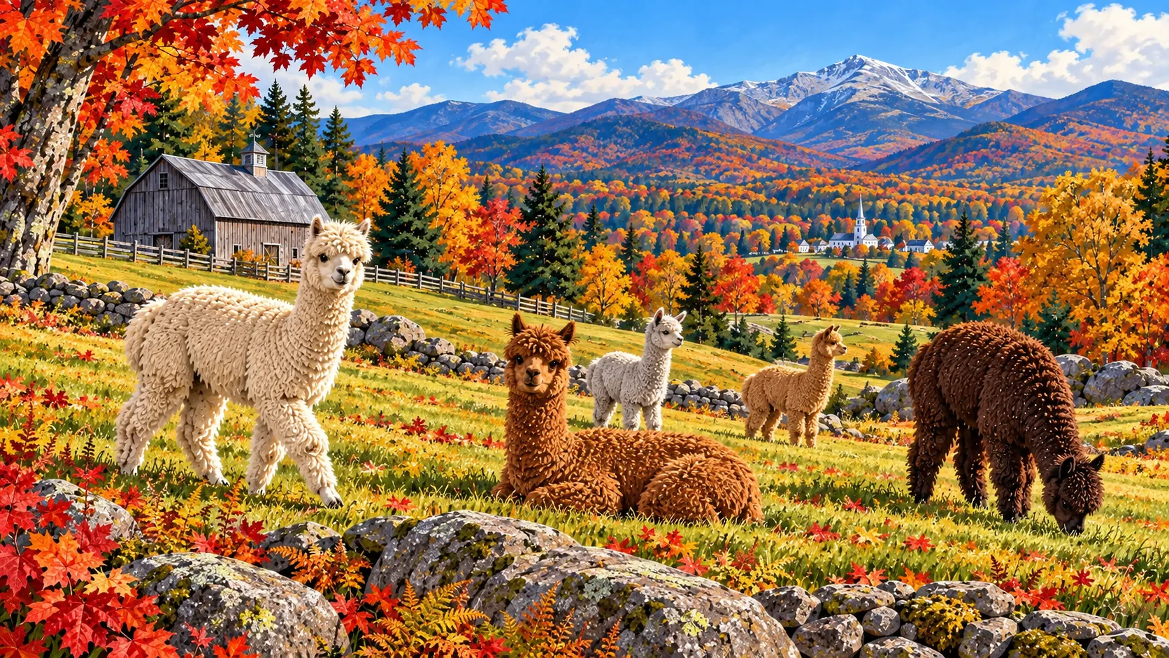Alpacas on a New Hampshire farm with mountain scenery