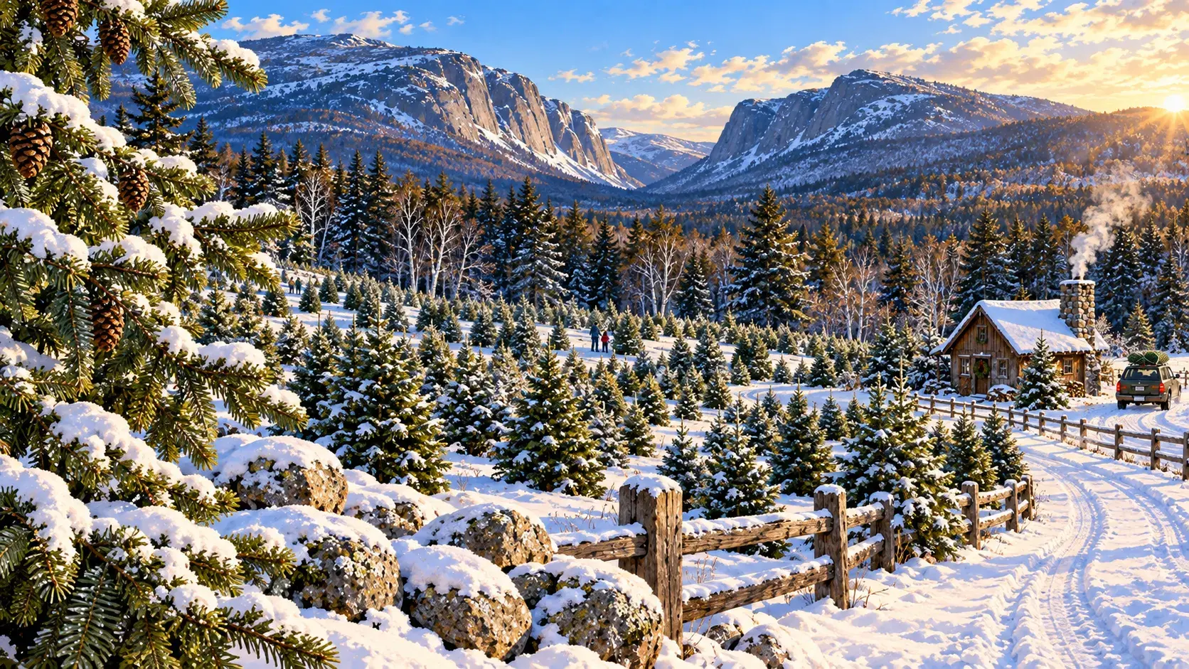Snow-covered Christmas tree farm in New Hampshire with mountain scenery