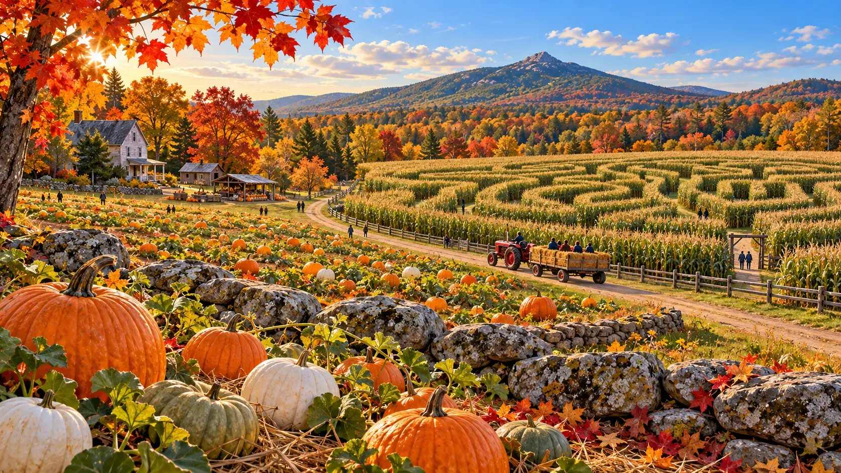 Pumpkin field, corn maze, and hayride in New Hampshire during fall