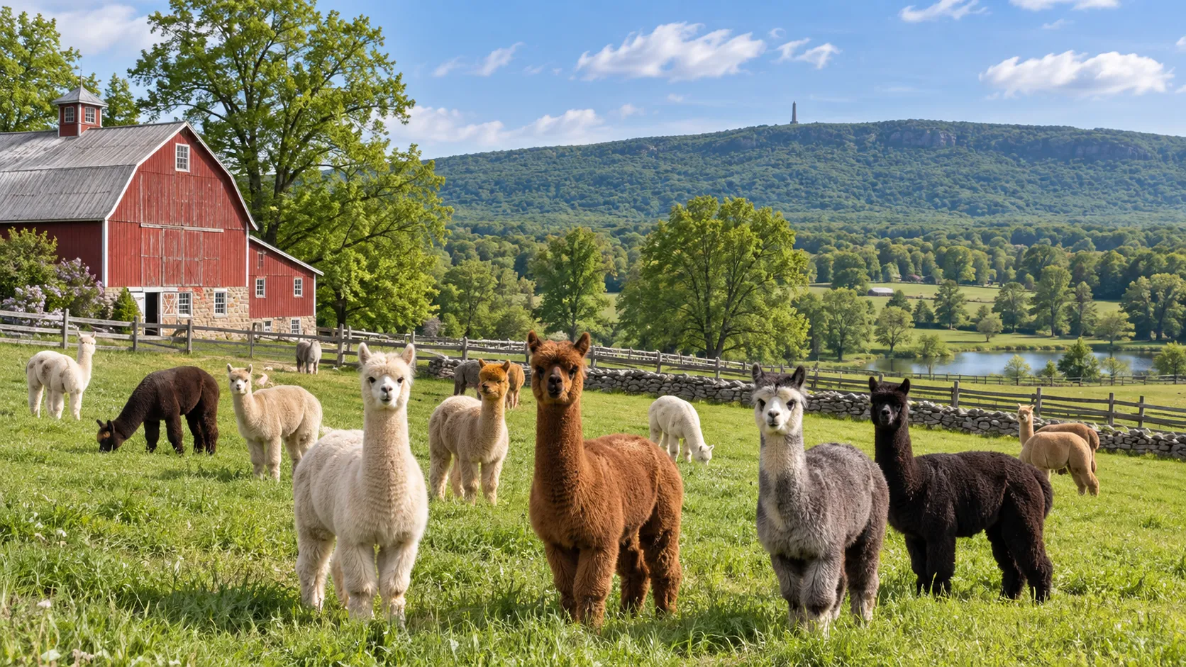 Alpacas grazing beside a red barn in the New Jersey countryside