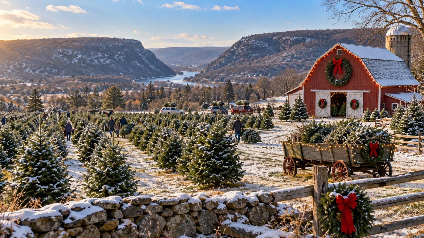 Christmas trees and a decorated red barn in a snowy New Jersey valley