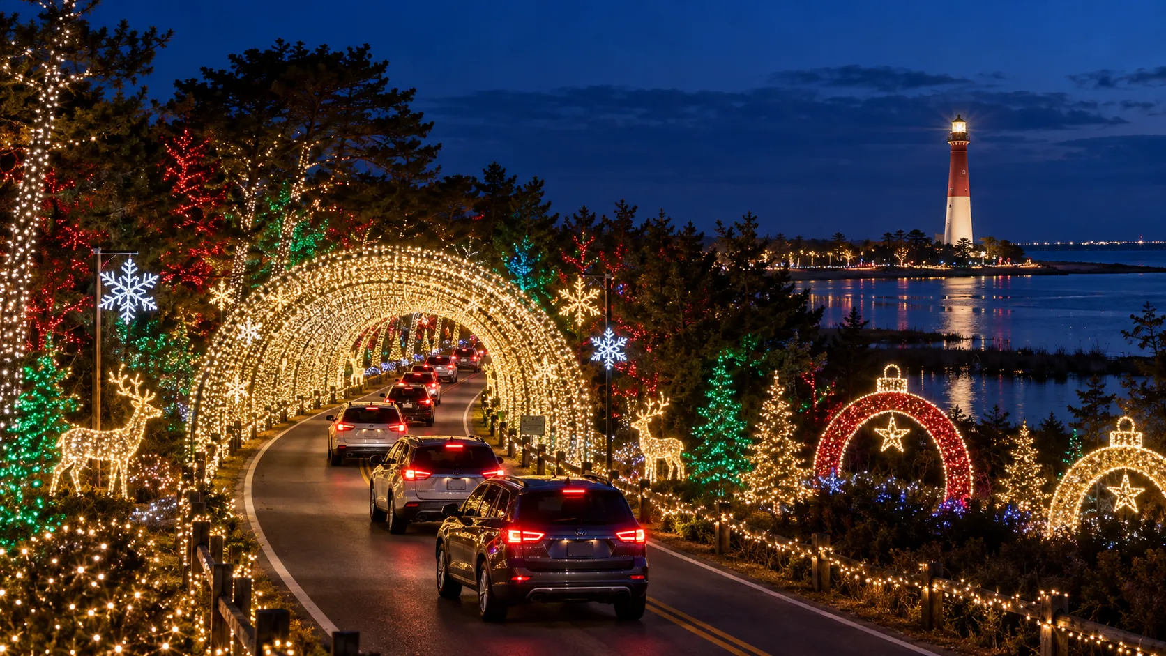 Cars passing through illuminated holiday arches near a New Jersey lighthouse