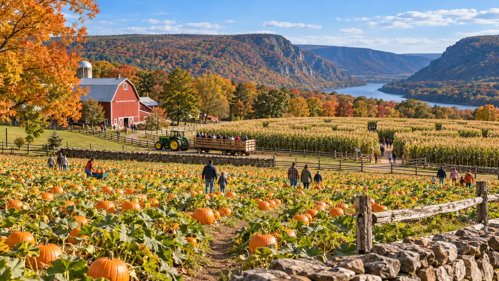Pumpkin field, corn maze, and red barn surrounded by New Jersey fall foliage