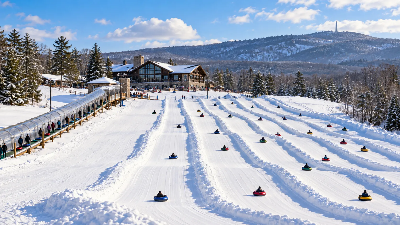 Snow tubers descending groomed lanes at a New Jersey winter resort