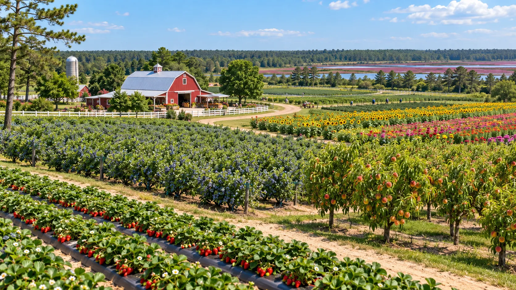 Strawberries, blueberries, peaches, and flowers growing at a New Jersey pick-your-own farm