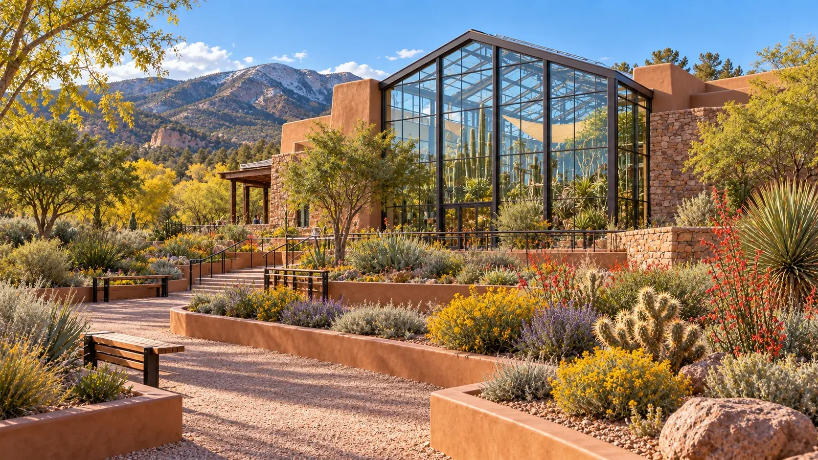 Illustrative New Mexico garden with adobe terraces, a glass conservatory and mountains