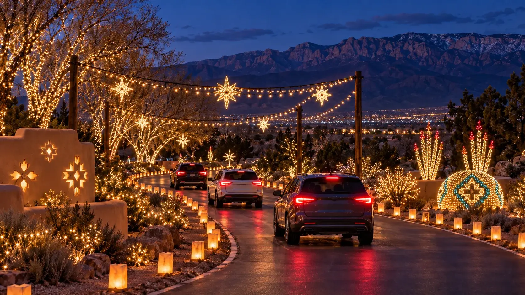 Illustrative New Mexico holiday lights with luminarias, decorated trees and mountains at dusk