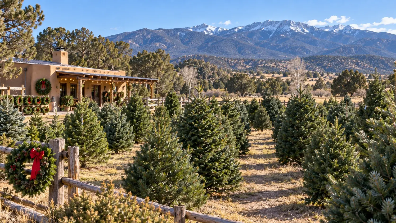 Illustrative New Mexico Christmas tree shopping scene