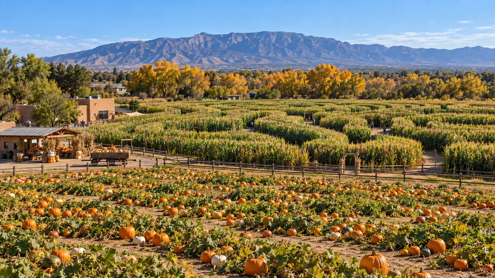 Illustrative New Mexico pumpkin-patch scene
