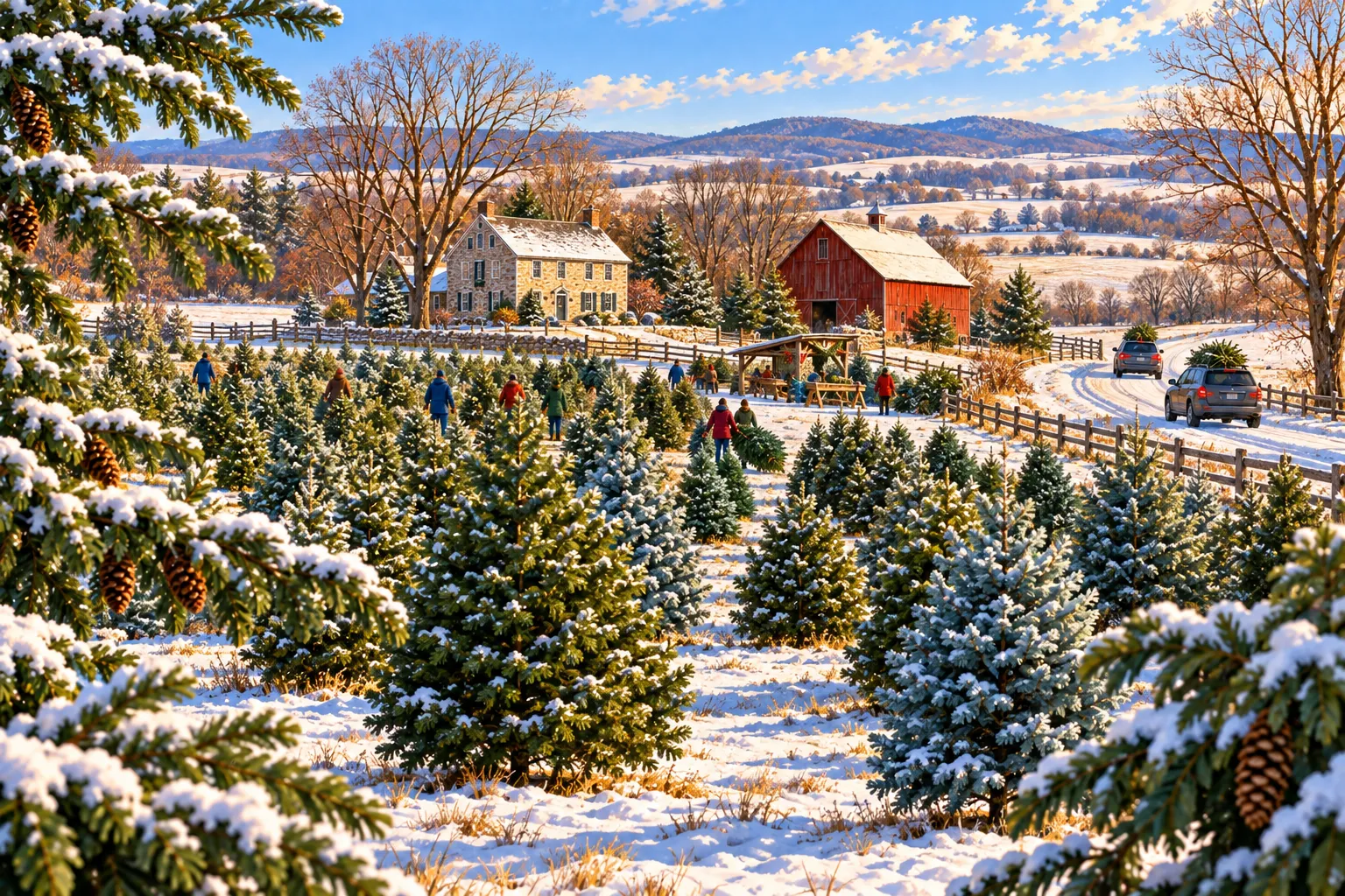 Snow-covered Christmas tree farm in the New York countryside
