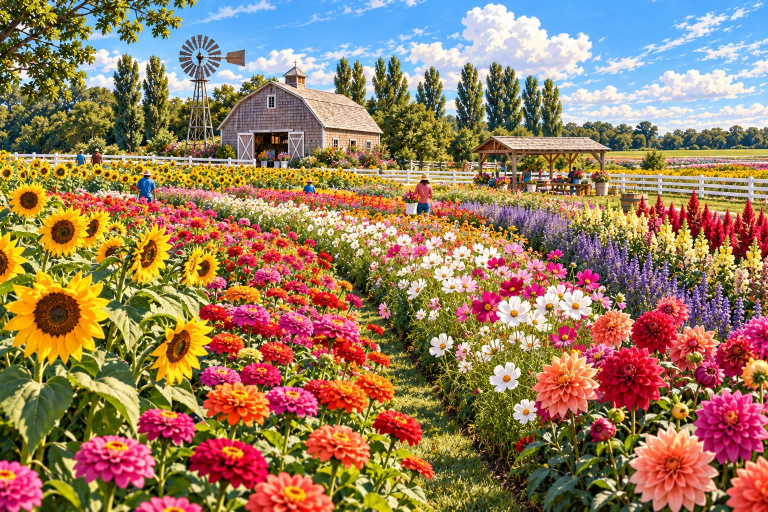 Colorful U-pick flower field with sunflowers and a barn in New York