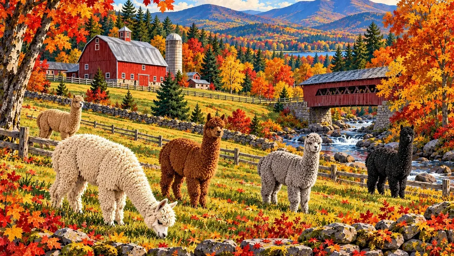 Alpacas grazing on a New York farm surrounded by colorful autumn foliage