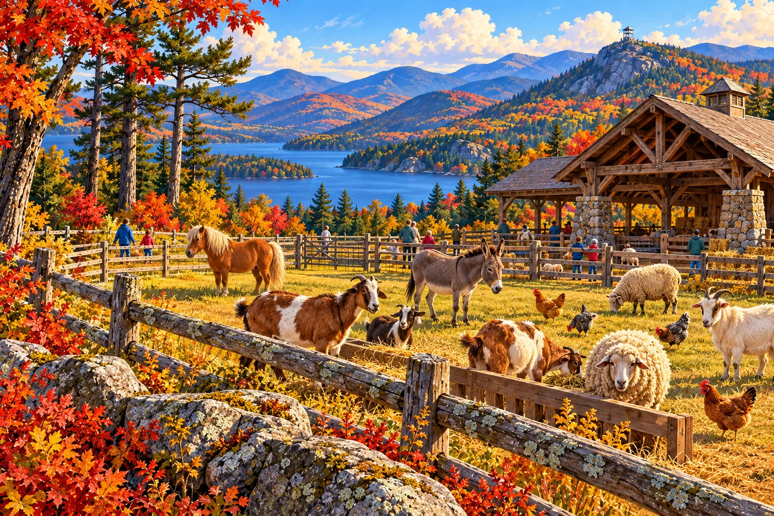 Families visiting farm animals at a petting zoo in New York
