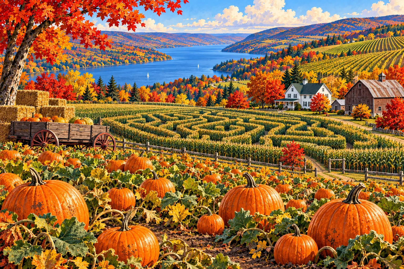 Pumpkin field and corn maze surrounded by autumn foliage in New York