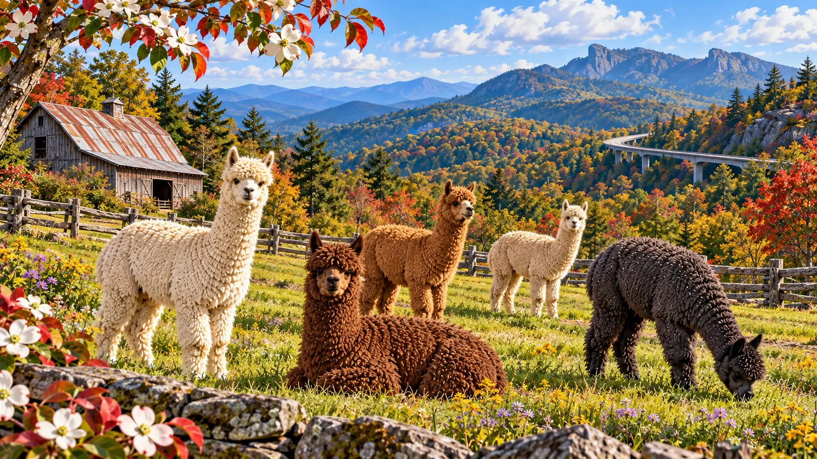 Alpacas on a North Carolina farm with Blue Ridge mountain scenery