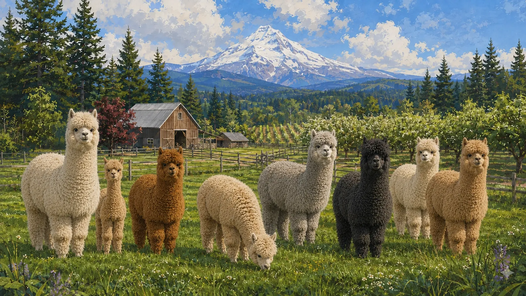 Illustrated alpacas in an Oregon landscape with Mount Hood
