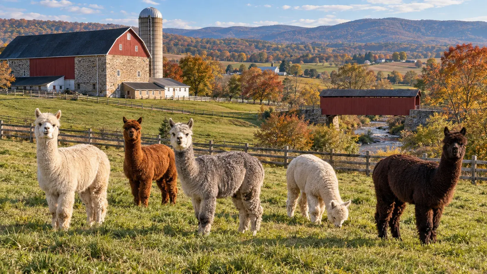 Alpacas grazing in Pennsylvania near a red barn and a covered bridge