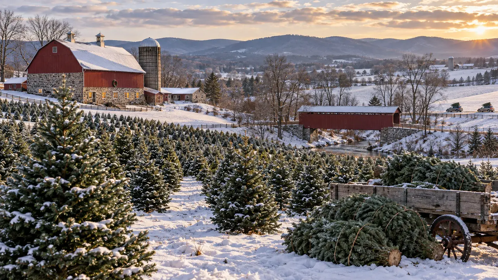 Snowy Pennsylvania tree farm with a red barn, covered bridge and rows of evergreens